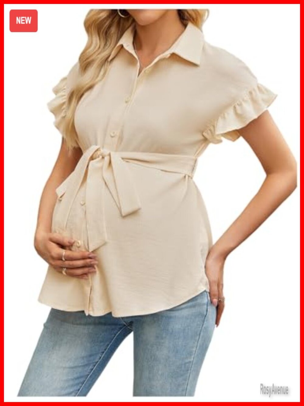 Maternity Nursing Work Blouse Ruffle Flared Hem Short Sleeve Loose Fit Button